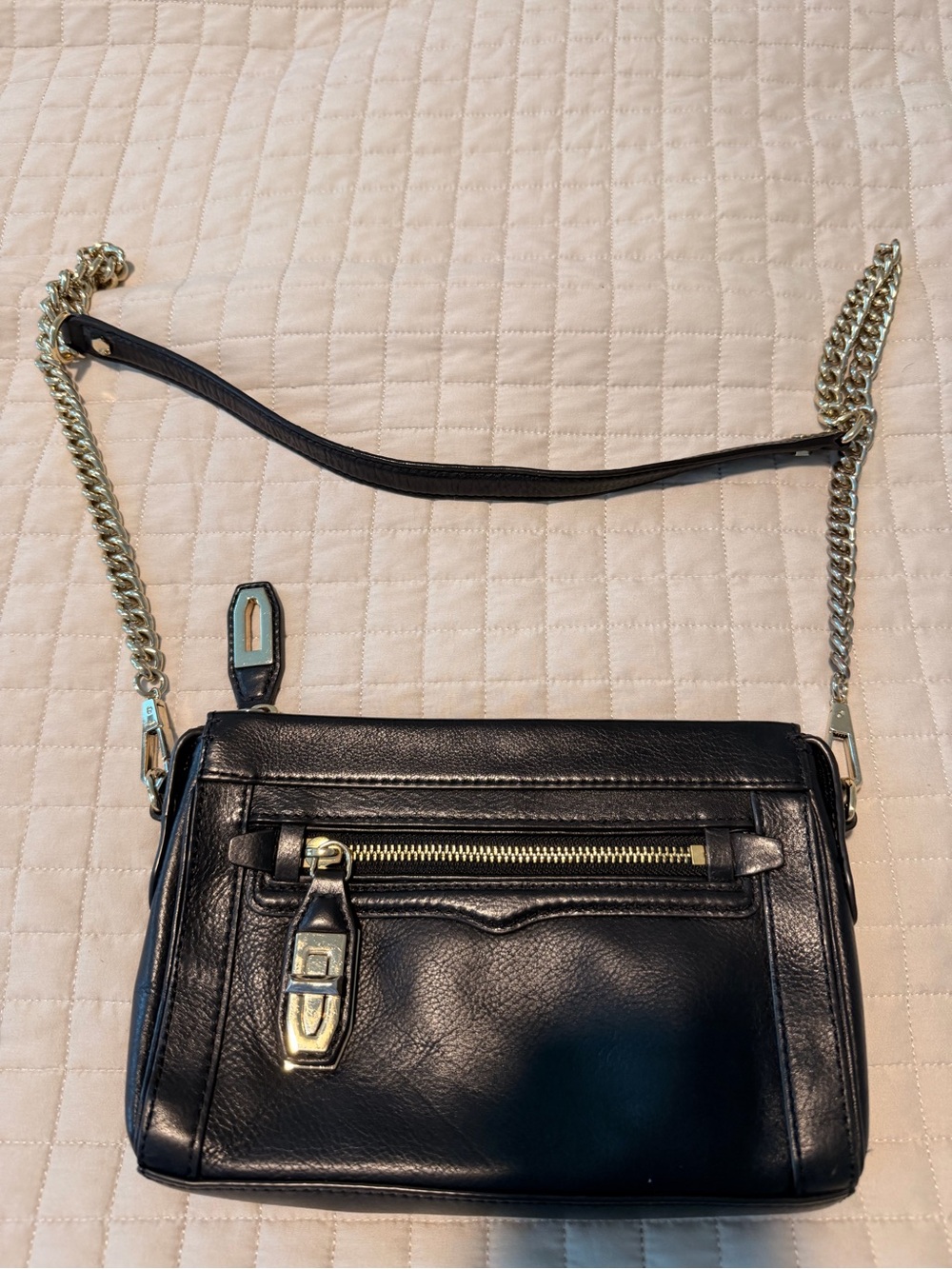 Black Leather Crossbody Bag with Gold Chain Strap